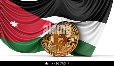 Le drapeau de Jordanie a drapé sur une pièce de monnaie en bitcoin crypto-monnaie. Rendu 3D Banque D'Images