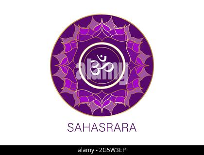 Septième modèle de logo chakra Sahasrara. Cercle symbole Chakra couronne, méditation du signe sacré violet, icône de mandala ronde yoga. Le symbole Om Illustration de Vecteur