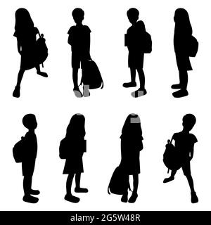 Enfants avec des sacs d'écoliers Silhouettes noires ensemble, enfants de scholboy isolés, les élèves garçons et gir dans différentes poses avec des sacs, retour à l'école vecteur Illustration. Illustration de Vecteur