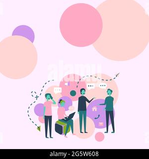 Quatre collègues Illustration avoir des conversations entre eux Brainsotrming nouvelles idées. Team Mates se réunit au bureau pour discuter des nouvelles mises à jour et Illustration de Vecteur