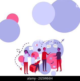 Quatre collègues Illustration avoir des conversations entre eux Brainsotrming nouvelles idées. Team Mates se réunit au bureau pour discuter des nouvelles mises à jour et Illustration de Vecteur