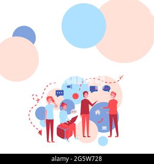Quatre collègues Illustration avoir des conversations entre eux Brainsotrming nouvelles idées. Team Mates se réunit au bureau pour discuter des nouvelles mises à jour et Illustration de Vecteur