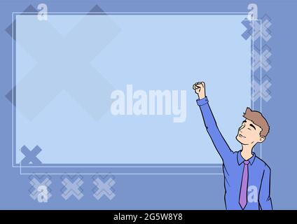 Happy Man Illustration debout devant le tableau de classe levant les mains pour réussir. Sourire élève lever la main avec fierté célébrer l'accomplissement. Illustration de Vecteur