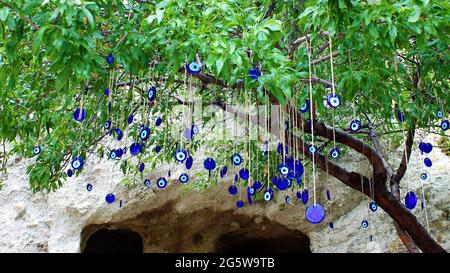 perles d'oeil bleu mal accrochées à un arbre Banque D'Images