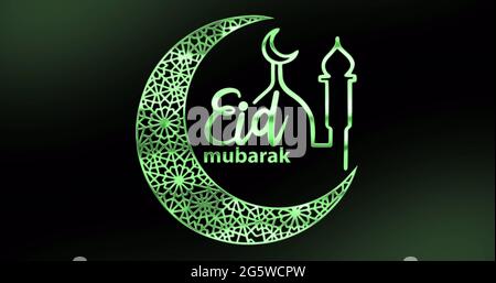 Image du texte eid mubarak avec croissant de lune et mosquée en vert sur fond noir Banque D'Images