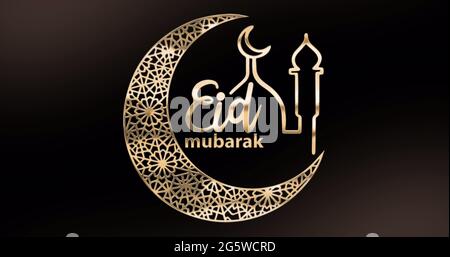 Image du texte eid mubarak avec croissant de lune et mosquée en or sur fond noir Banque D'Images