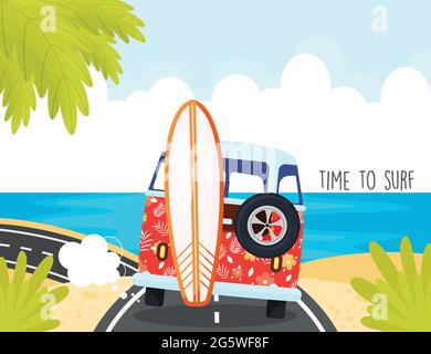 Magnifique minibus rouge en voiture jusqu'à la plage avec surf. Temps de surf en arrière-plan, illustration du vecteur d'été Illustration de Vecteur