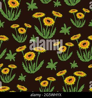 Motif vectoriel sans couture avec pissenlits jaunes sur fond marron. Motif de papier peint de prairie de fleurs sauvages. Textile de mode floral. Illustration de Vecteur