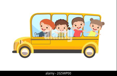 Autobus scolaire. Les enfants s'amusent dans une voiture jaune à plusieurs places. Véhicule jouet. Voiture avec un moteur. Mignon auto passager. Isolé sur fond blanc. Vecteur Illustration de Vecteur