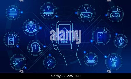 Technologie Smart Home. Appareils connectés avec contrôle d'application pour smartphone. Système d'automatisation de l'Internet des objets avec concept vectoriel d'icônes numériques Illustration de Vecteur