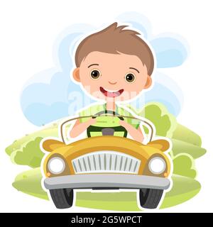 Les enfants se trouvent dans une petite voiture. Un enfant conduit une voiture à pédales ou électrique. Collines. Illustration de dessin animé. Isolé. Paysage rural d'été. Vecteur Illustration de Vecteur