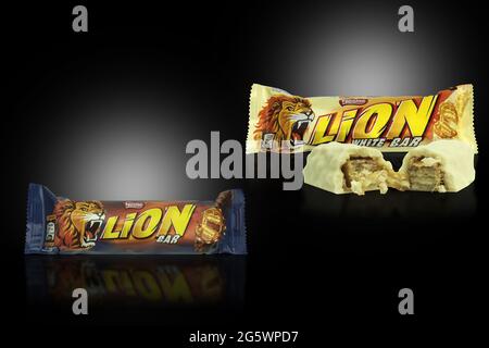 Pologne, Varsovie - 24 juin 2021 : barre de chocolat au lion sur fond noir. Arrière-plan sombre avec espace de copie. Lion de chocolat délicieux et énergique Banque D'Images