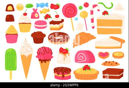 Bonbons et bonbons de dessin animé. Cupcakes, crèmes glacées, sucettes, bonbons au chocolat et à la gelée, pâtisseries et gâteaux. Ensemble de confiseries vectorielles Illustration de Vecteur