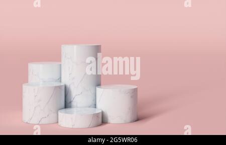 socles cylindriques en marbre blanc sur fond rose. rendu 3d. Banque D'Images