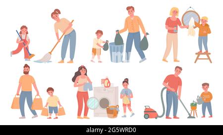 Nettoyage des enfants et des parents. Les enfants aident les adultes à effectuer des travaux ménagers, à balayer, à laver, à jeter les ordures. Ensemble de vecteurs de la famille de dessins animés Illustration de Vecteur