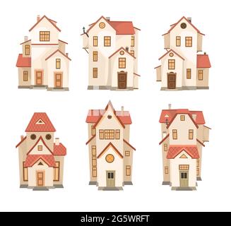 Un ensemble de maisons blanches avec un toit rouge. Une belle et confortable maison de campagne dans un style européen traditionnel. Collection de jolies maisons drôles Illustration de Vecteur