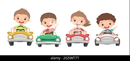 Définir. Les enfants conduisent une voiture. Enfants. Pédale ou automobile électrique pour enfants. Cabriolet. Véhicule jouet. Avec un moteur. Bonne voiture de tourisme. Isolé sur blanc Illustration de Vecteur