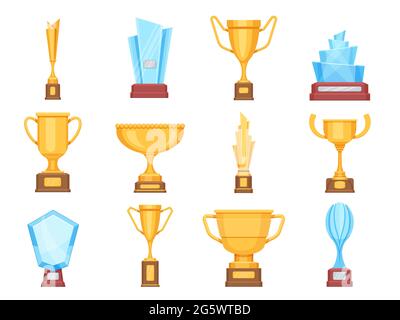 Coupes à trophées dorées. Trophées de verre et d'or pour le sport ou la compétition. Jeu de vecteurs plats pour les championnats de cristal et les prix des gagnants Illustration de Vecteur