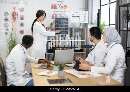 Équipe de quatre médecins différents analysant des images radiographiques pendant une réunion d'urgence dans la salle de conférence. Spécialistes de la santé utilisant des ordinateurs portables et des tablettes pour le travail. Une femme afro présente l'IRM CT à ses collègues Banque D'Images