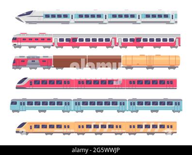 Trains de voyageurs. Bande dessinée, train express et cargo. Transport souterrain avec wagons. Locomotive Metro, ensemble de vecteurs de chemin de fer Illustration de Vecteur