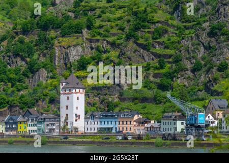 Petite ville de Saint-Goarshausen à Loreley, vallée du Haut-Rhin moyen, région du patrimoine mondial de l'UNESCO, Rhénanie-Palatinat, Allemagne Banque D'Images