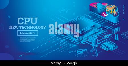 Processeur isométrique futuriste avec lignes néon sur fond bleu. Technologie informatique. Illustration vectorielle. Traitement et transfert de données Big Data. Cloud. Illustration de Vecteur