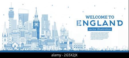 Outline Bienvenue à England City Skyline avec Blue Buildings. Illustration vectorielle. Concept avec architecture historique. Illustration de Vecteur