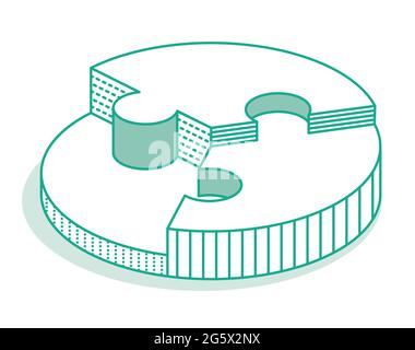 Puzzle à cercle vert isométrique. Trois pièces. Illustration vectorielle. Icône Contour. Illustration de Vecteur