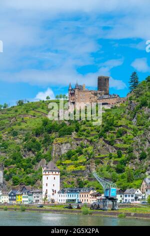 Château de Katz du XIVe siècle, Saint-Goarshausen, vallée du Haut-Rhin moyen, région du patrimoine mondial de l'UNESCO, Rhénanie-Palatinat, Allemagne Banque D'Images