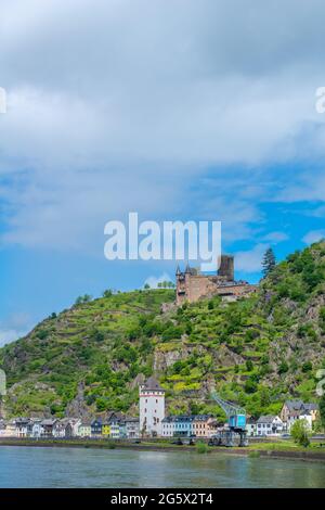 Château de Katz du XIVe siècle, Saint-Goarshausen, vallée du Haut-Rhin moyen, région du patrimoine mondial de l'UNESCO, Rhénanie-Palatinat, Allemagne Banque D'Images