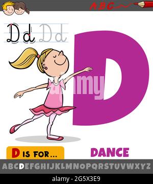 Illustration de dessin animé éducatif de la lettre D de l'alphabet avec le personnage de fille dansante Illustration de Vecteur