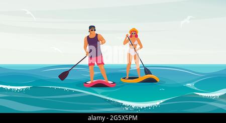L'homme et la femme se tiennent sur une planche avec une pagaie sur l'eau. Les jeunes couples font des sports nautiques. Illustration vectorielle Illustration de Vecteur