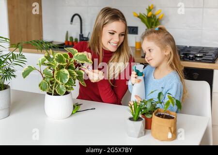 Petite fille et mère pulvérisation et nettoyage des plantes de maison à la maison. Enfant concentré de 3 ans aidant la maman à soigner les plantes. Concept de hobby, presch Banque D'Images