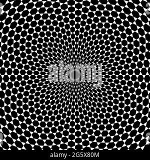 Arrière-plan en spirale à motif hexagonal. Hexagones noirs entourés de triangles blancs, développés en spirale du centre vers l'extérieur. Carrelage trihexagonal. Banque D'Images