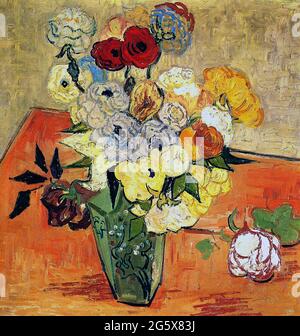 Vase japonais avec roses et anémones par Vincent Van Gogh 1890. Musée d'Orsay à Paris, France Banque D'Images