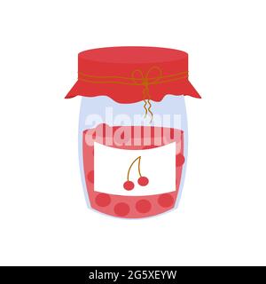 Pot avec confiture de cerises, dessert savoureux fait maison isolé sur fond blanc dans l'illustration de vecteur de style Doodle. Illustration vectorielle Illustration de Vecteur