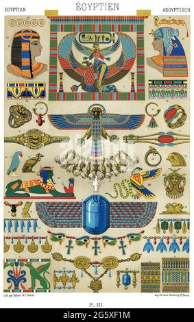 Art égyptien antique - bijoux - Amulets, personnages de dieu, bijoux, papyrus, etc. - par l'ornement 1880. Banque D'Images