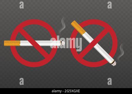 Panneau, symbole, ensemble d'étiquettes isolé Vector No Smoking Area. Cigarette 3d réaliste avec fumée. Ne fumez pas ici. 31 mai Journée mondiale sans tabac. Non Illustration de Vecteur