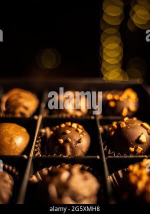 Délicieux bonbons au chocolat ou pralines ou boule de truffes, assortiment mixte avec noix, baies sèches, chocolat noir et au lait, confiserie Banque D'Images