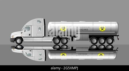 Voiture américaine moderne avec semi-remorque pour le transport de déchets liquides biodangereux. Risque biologique. Illustration de Vecteur