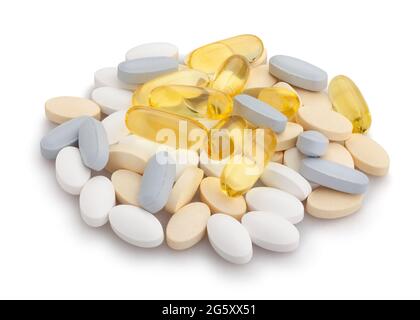 chemin de pilules de vitamine isolé sur blanc Banque D'Images