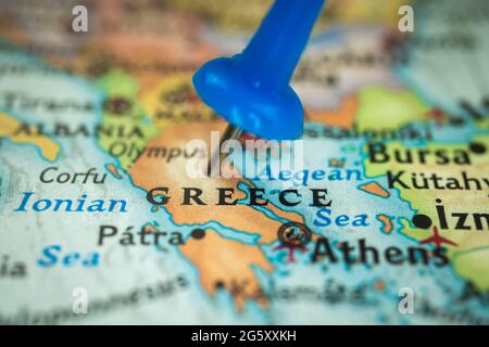 Emplacement Grèce, punaise sur la carte, marqueur de destination pour le voyage, le tourisme et le concept de voyage, Europe Banque D'Images