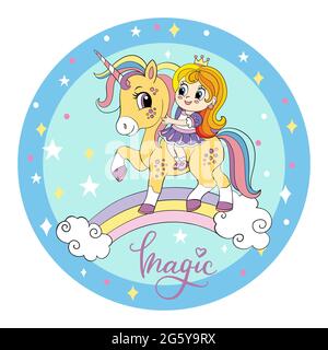 Une adorable petite fille de dessin animé se trouve à l'arrière d'une licorne sur un arc-en-ciel. Illustration vectorielle forme de cercle sur fond bleu cosmique. Pour l'impression, la douche de bébé, le Desi Illustration de Vecteur