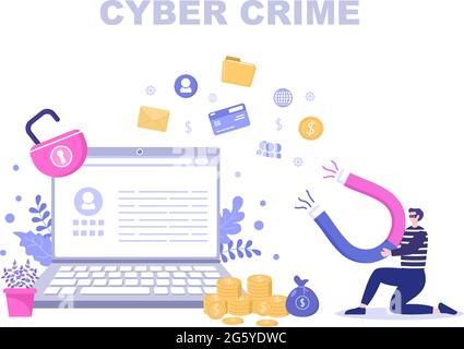 Illustration de la cybercriminalité vol de données numériques, de systèmes de périphériques, de mots de passe et de documents bancaires à partir de l'ordinateur Illustration de Vecteur