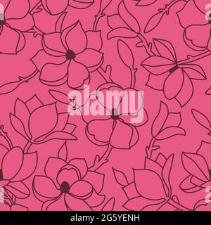 Motif fleuri sans couture. Un dessin linéaire à la main avec des fleurs et des feuilles de magnolia. Contour de Bourgogne sur fond rose. Illustration vectorielle Illustration de Vecteur