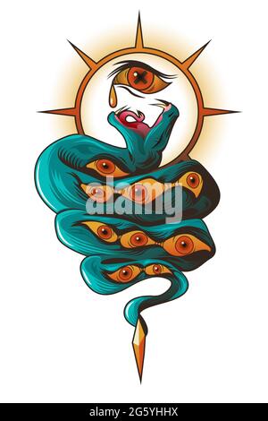 Tatouage avec serpent et yeux. Serpent dangereux qui attrape la déchirure à la bouche ouverte et des fangs pointus au soleil avec des rayons pointés, symbole spirituel isolé sur fond blanc, illustration vectorielle de dessin animé Illustration de Vecteur