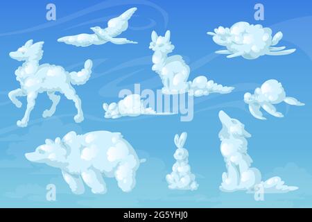 Nuages blancs en forme d'animaux mignons. Renard, chien, ours, petite souris, tortue, silhouettes de loup, d'oiseau et de lapin sur fond de ciel bleu. Vector réaliste doux nuages moelleux sous forme d'animaux amusants Illustration de Vecteur