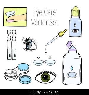 Lentilles de contact illustration du vecteur de soins de santé. Jeu d'icônes de dessin animé d'ophtalmologie. Illustration de Vecteur