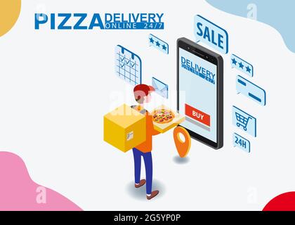 Modèle d'atterrissage Pizza Delivery Service concept Isométrique. Messagerie avec boîte à pizza expédiée à la maison, smartpnone. Livraison rapide 24 7 heures sur 24, 7 heures sur 24, 7 heures sur 24 Illustration de Vecteur