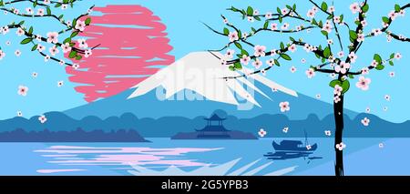 Mont Fuji lever soleil paysage Japon panorama. Cerisiers en fleurs printemps, lac, soleil, bateau temple asiatique vecteur illustration bannière d'affiche isolé Illustration de Vecteur